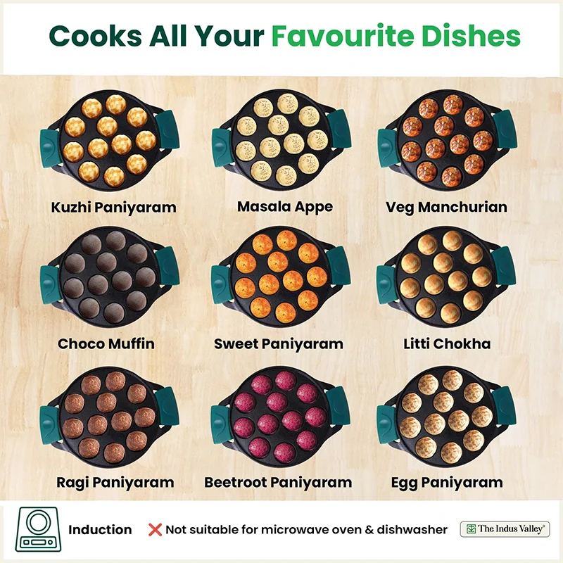 12 Pit/Cup CASTrong Cast Iron Paniyaram/Appe Pan, Pre-seasoned, with Double Handle Silicone Grip,Toxin-free, 20.8 cm, 2.2 kg