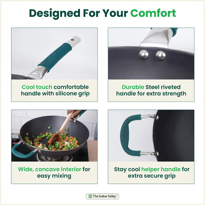 100% Pure Sheet Iron Wok Steel handle with silicone grip & Helper Handle, Toxin-free Sheet Iron, Pre-seasoned, 4L /30 Cm