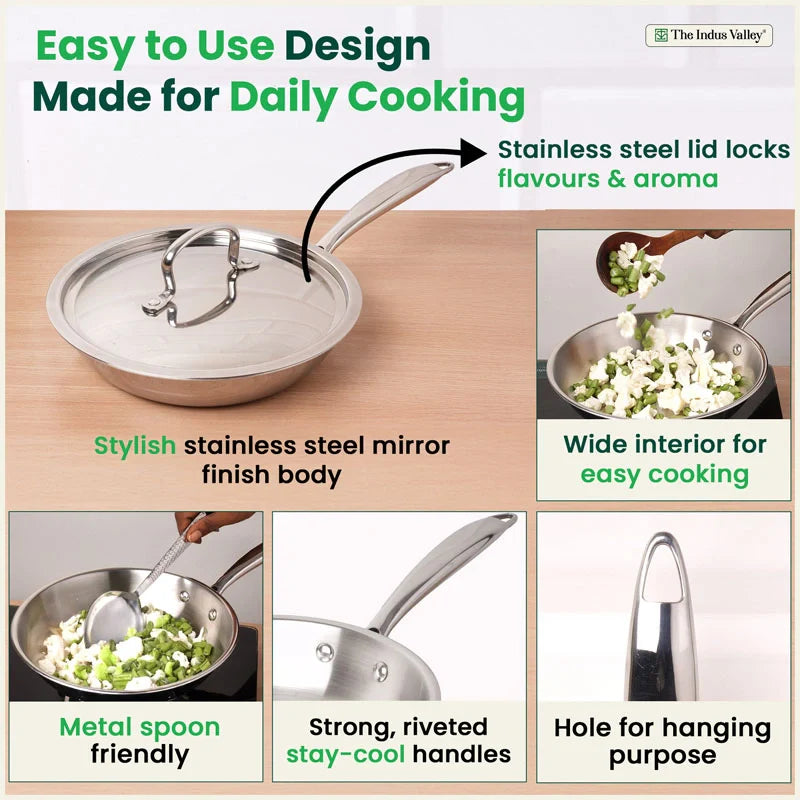 Premium Quality Tri-ply Stainless Steel Fry Pan with Lid, 3 Layer Thick Body, 100% Toxin-free, Non-stick, Induction & Gas,  20/22 cm, 1/1.5 L