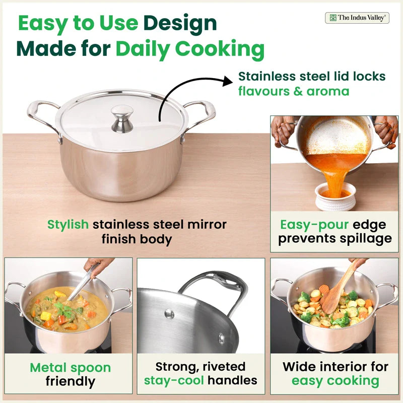 Tri-ply Stainless Steel Biryani Pot/ Casserole/ Sauce Pot with Steel Lid, Premium Quality, 3 Layer Thick Body, 100% Toxin-free, Non-stick, Induction & Gas 3.2L/3.7L/5.5L/8.5L