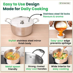 Tri-ply Stainless Steel Biryani Pot/ Casserole/ Sauce Pot with Steel Lid, Premium Quality, 3 Layer Thick Body, 100% Toxin-free, Non-stick, Induction & Gas 3.2L/3.7L/5.5L/8.5L