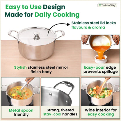 Tri-ply Stainless Steel Biryani Pot/ Casserole/ Sauce Pot with Steel Lid, Premium Quality, 3 Layer Thick Body, 100% Toxin-free, Non-stick, Induction & Gas 3.2L/3.7L/5.5L/8.5L