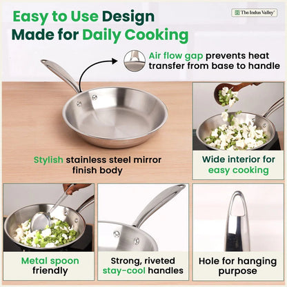 TurboCuk Tri-ply Stainless Steel Fry Pan, Premium 3 Layer Thick Body, Induction, Non-stick, 18/20/22/24/26 cm, 0.8/1.0/1.5/1.7/1.9 L