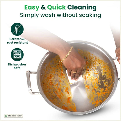 Tri-ply Stainless Steel Kadai with Steel Lid, Premium Quality, 3 Layer Thick Body, 100% Toxin-free, Non-stick, Induction & Gas, 20cm/22cm/24cm/26cm/28cm