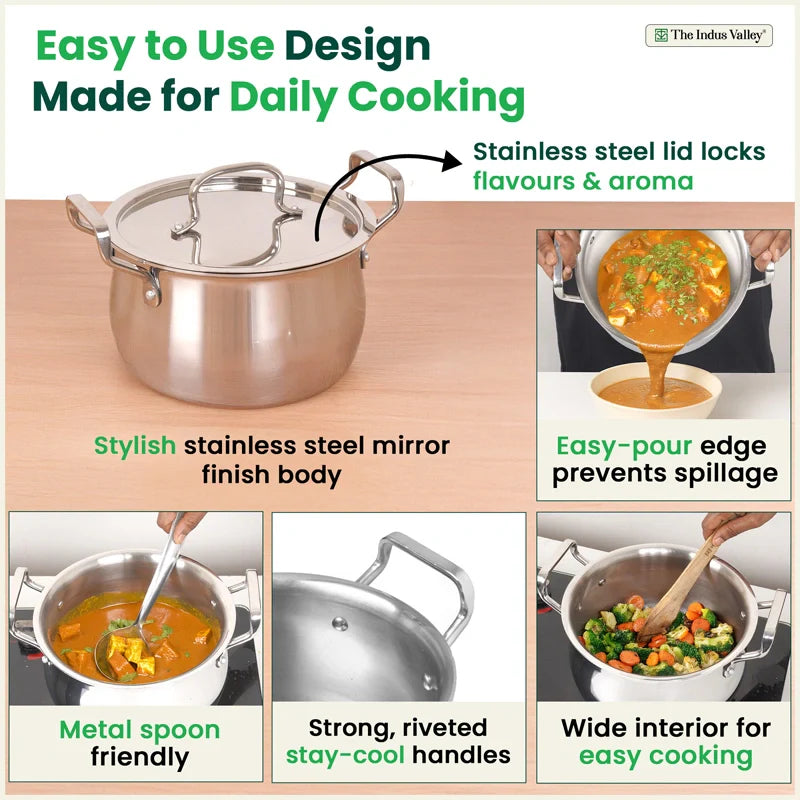 Tri-ply Stainless Steel Handi Shaped Biryani Pot/ Casserole/ Sauce Pot with Steel Lid, Premium Quality, 3 Layer Thick Body, 100% Toxin-free, Non-stick, Induction & Gas, 2L/2.6L/4L/4.5L/6.5L
