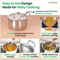 Tri-ply Stainless Steel Handi Shaped Biryani Pot/ Casserole/ Sauce Pot with Steel Lid, Premium Quality, 3 Layer Thick Body, 100% Toxin-free, Non-stick, Induction & Gas, 2L/2.6L/4L/4.5L/6.5L