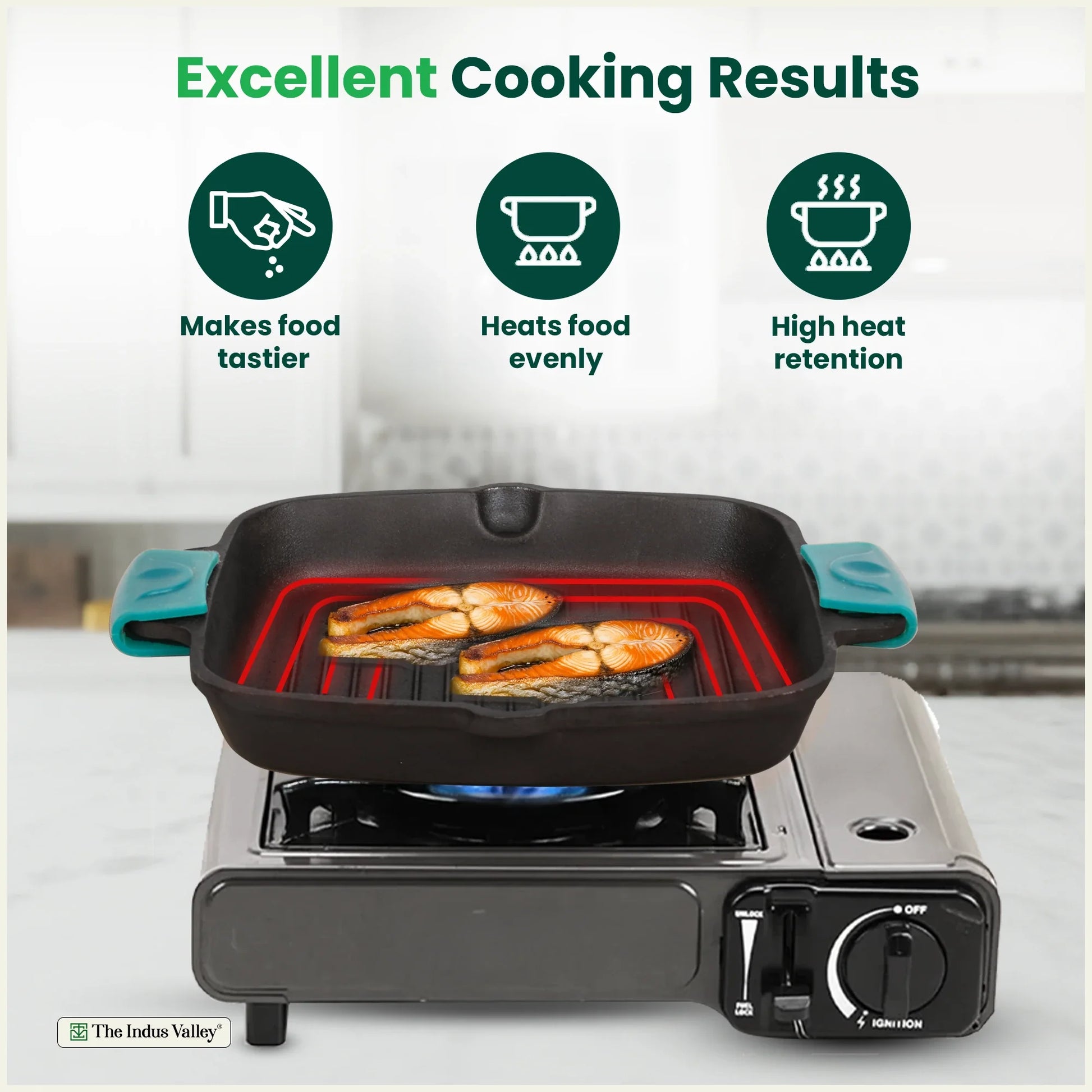 CASTrong Cast Iron Double Handle Grill Pan with Silicon Handle, Pre-seasoned, Naturally Nonstick, 100% Pure, Toxin-free Grill Pan for Kitchen Use, 10.4 In/26.5 cm/2 kg