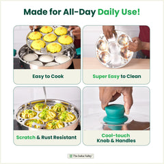 14 Pit Tri-Steel Multi Pot Premium Stainless Steel Idli/ Momo Maker/  Veg Steaming Set, Tri-ply Induction Bottom, 2 Plates, 27cm