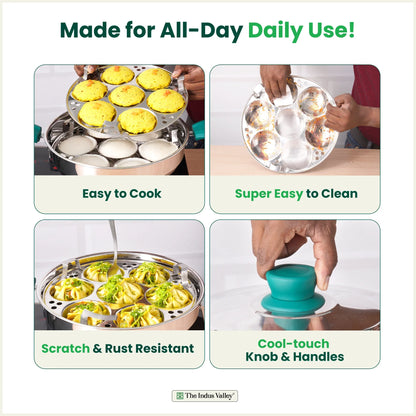 14 Pit Tri-Steel Multi Pot Premium Stainless Steel Idli/ Momo Maker/  Veg Steaming Set, Tri-ply Induction Bottom, 2 Plates, 27cm