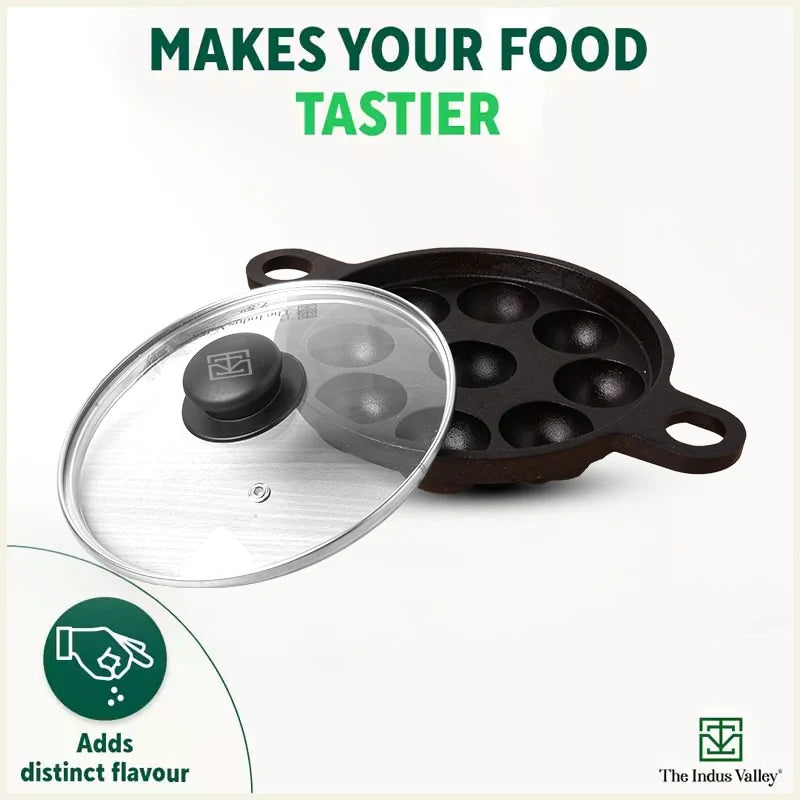 9 Pit/Cup CASTrong Cast Iron Paniyaram/Appe Pan+ Glass Lid, Pre-seasoned, Natural Nonstick, 100% Pure, Toxin-free, 21 cm, 2.7 kg