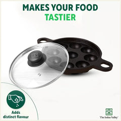 9 Pit/Cup CASTrong Cast Iron Paniyaram/Appe Pan+ Glass Lid, Pre-seasoned, Natural Nonstick, 100% Pure, Toxin-free, 21 cm, 2.7 kg