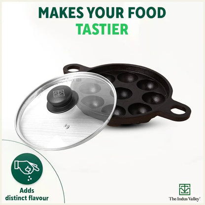 9 Pit/Cup CASTrong Cast Iron Paniyaram/Appe Pan+ Glass Lid, Pre-seasoned, Natural Nonstick, 100% Pure, Toxin-free, 21 cm, 2.7 kg