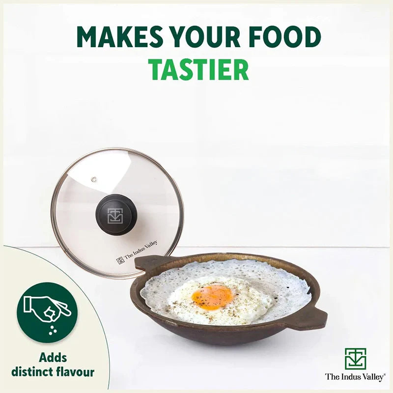 Super Smooth Cast Iron Appam Pan/Appachetty, Glass Lid,Pre-seasoned, Nonstick, 100% Pure, Toxin-free, 22cm, 1.9kg