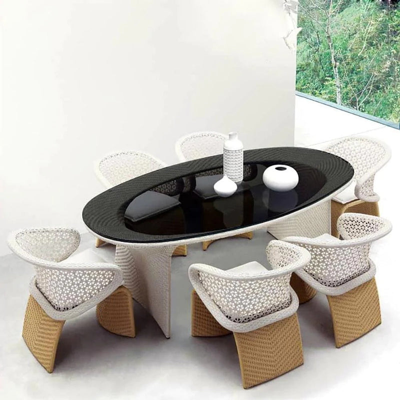 Modero Outdoor Patio Seating Set 6 Chairs and 1 Table Set (Tan + White)