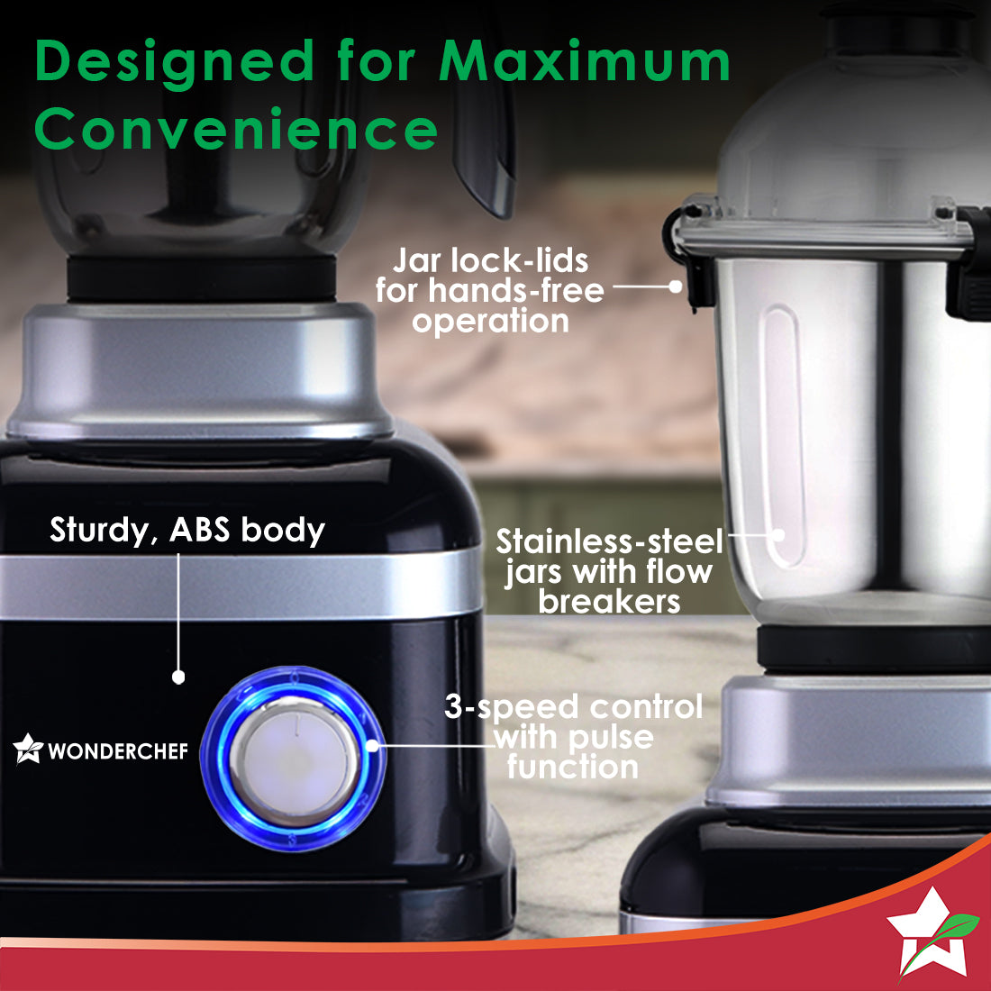 Wonderchef Cube 1000W Mixer Grinder, 4 Jars with Flow Breakers, Special Coarse Blade for Silbatta-style Khada Masala Gri