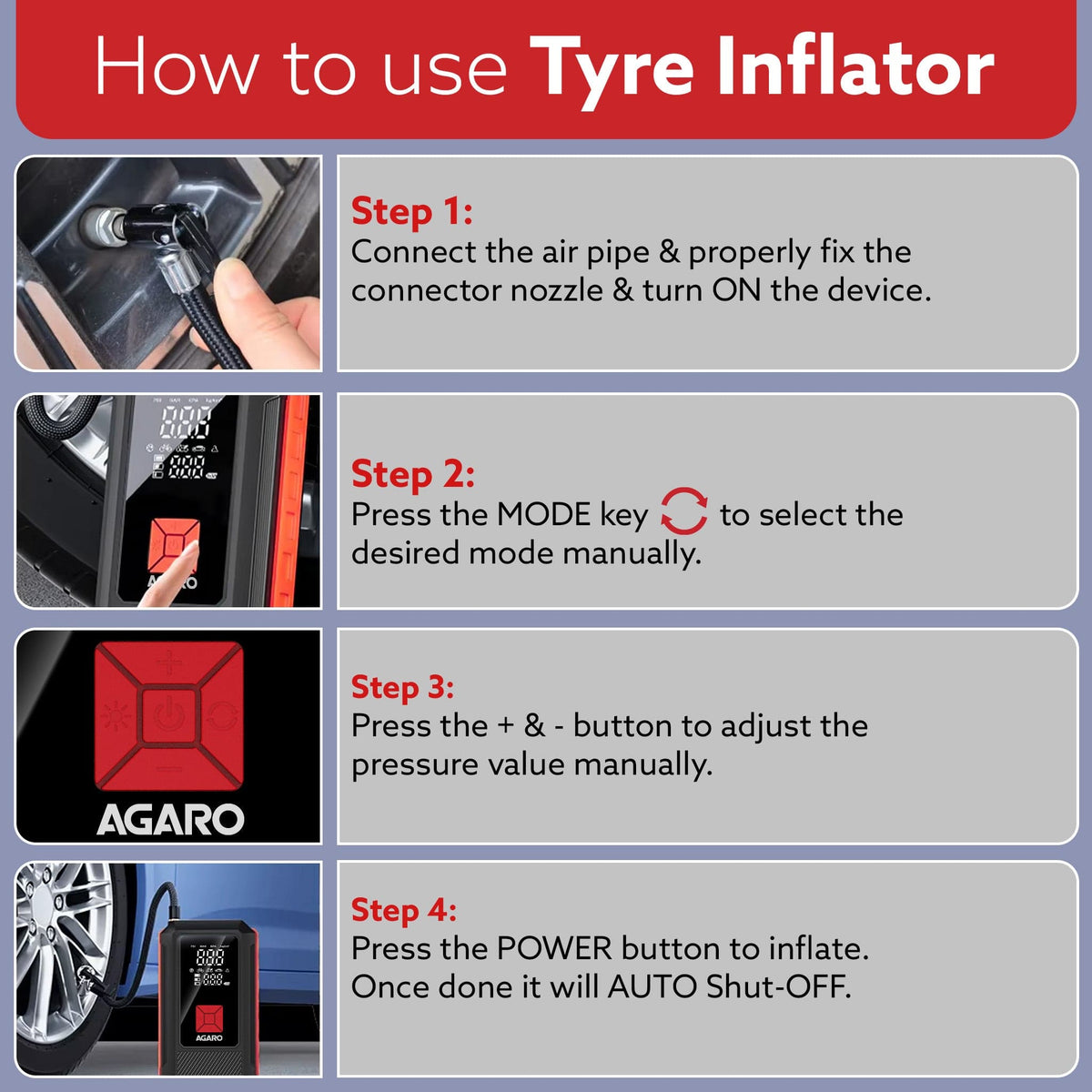 AGARO Regal Tyre inflator & Jump Starter, For Cars & Bikes, 12V, Upto 150 PSI, 10000 mAH Powerful Battery, LED Light, Di