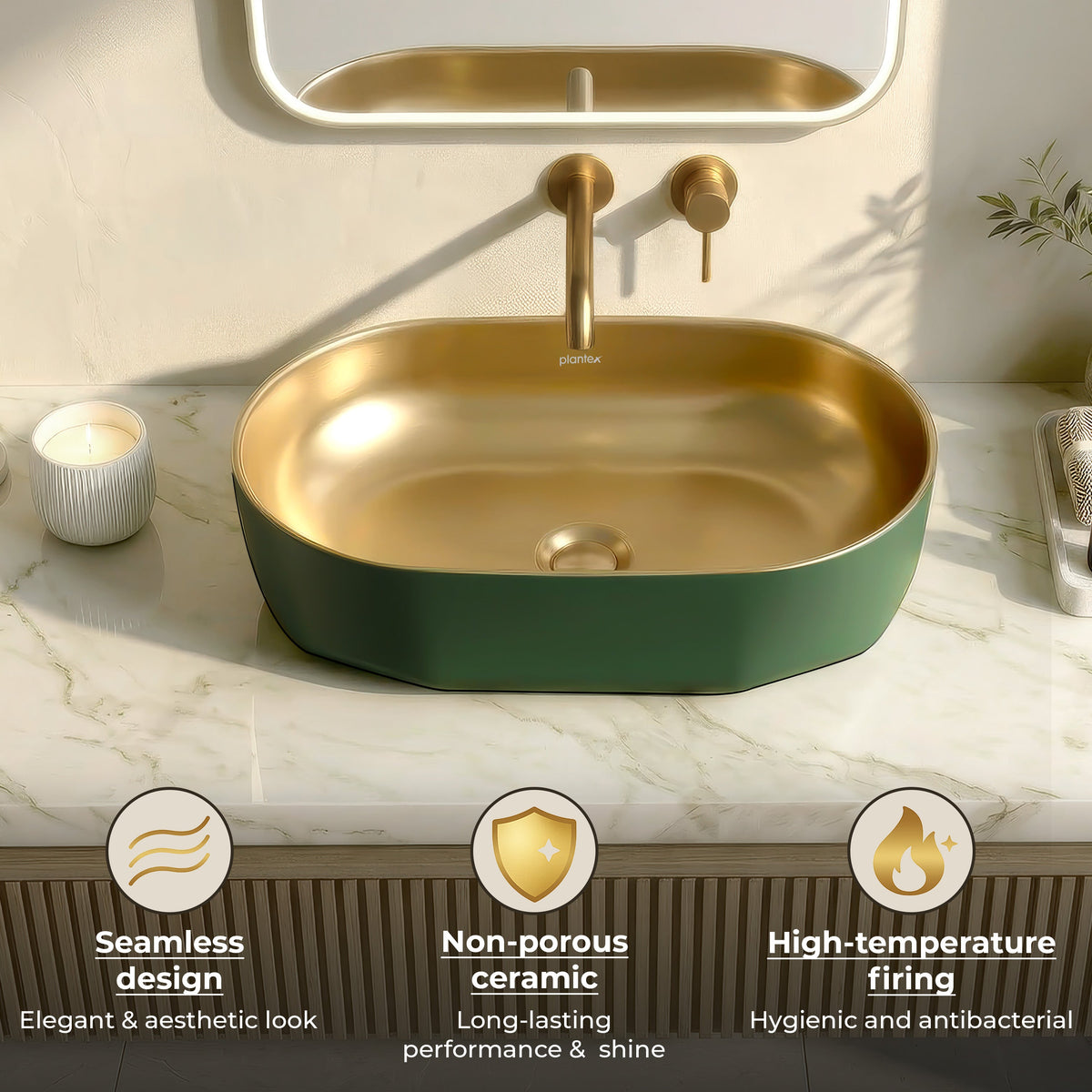 Plantex Designer Wash Basin for Bathroom/Ceramic Table Top Washbasin/Countertop Vessel Sink Basin - (Green Gold, 22 x 13 x 6 Inch)-5