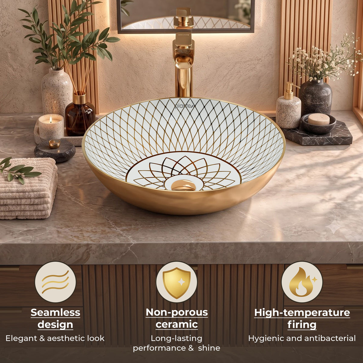 Plantex Table Top Wash Basin For Bathroom/Designer Ceramic Basin/Countertop Vessel Sink Basin - Indo-European Collection (NC-664, 16 x 16 x 5 Inch)-5