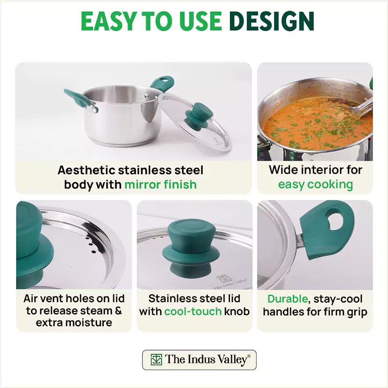 Tri-Steel Stainless Steel Biryani Pot+ Lid, Premium Quality, Tri-ply (3 Layer) Bottom, Soft-touch Handles, 100% Toxin-free, Non-stick, Induction & Gas, 1.5/2.3L, 16/18cm