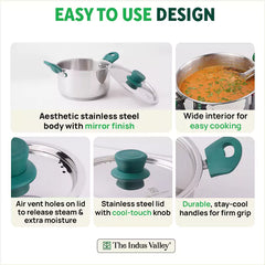 Tri-Steel Stainless Steel Biryani Pot+ Lid, Premium Quality, Tri-ply (3 Layer) Bottom, Soft-touch Handles, 100% Toxin-free, Non-stick, Induction & Gas, 1.5/2.3L, 16/18cm