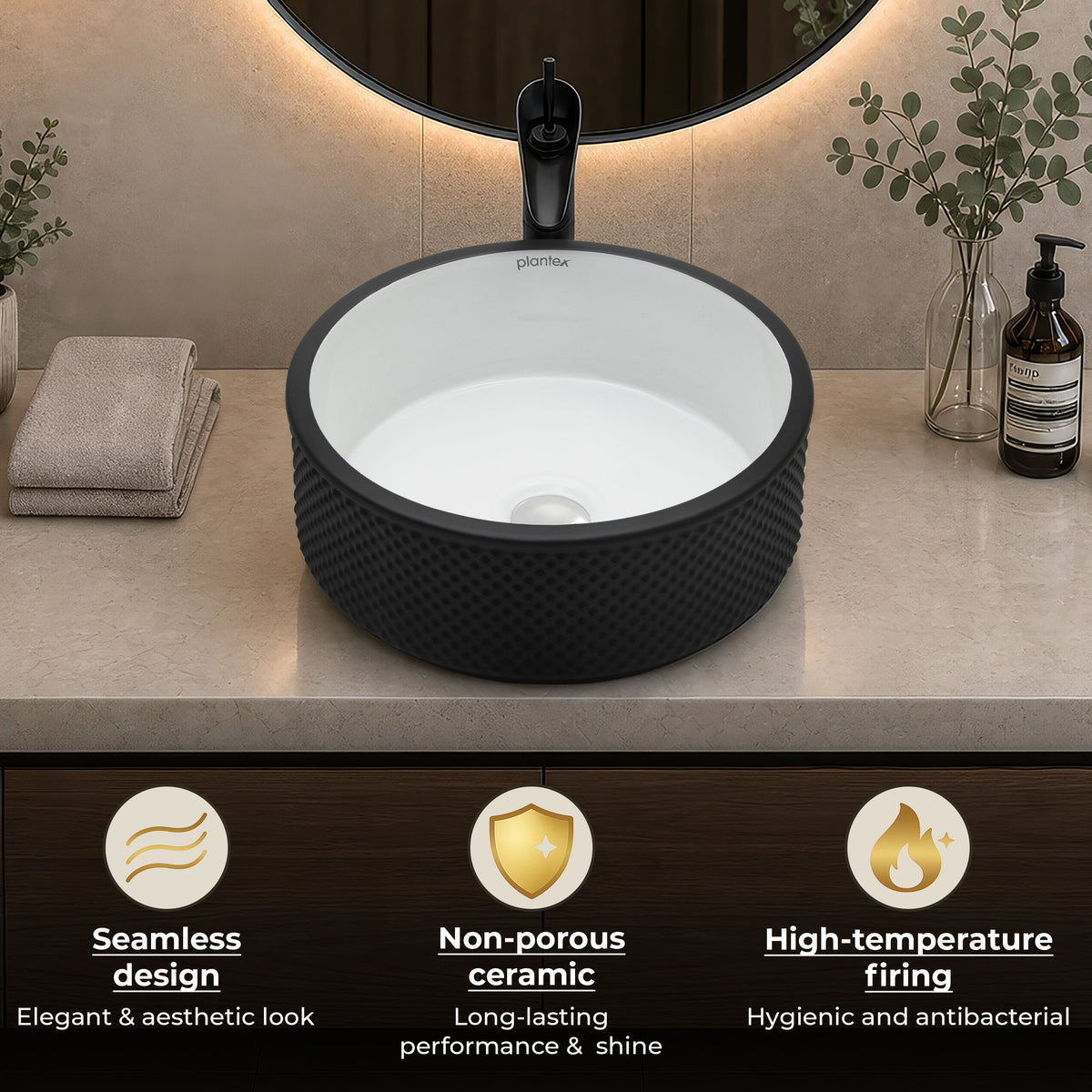 Plantex Round Ceramic Table Top Wash Basin/Designer Counertop Washbasin/Vessel Sink for Bathroom/Home/Restaurant (White & Black-17 x 17 x 6 Inch)-4