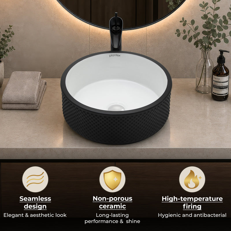 Plantex Round Ceramic Table Top Wash Basin/Designer Counertop Washbasin/Vessel Sink for Bathroom/Home/Restaurant (White & Black-17 x 17 x 6 Inch)-4
