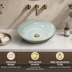 Plantex Wash Basin/Ceramic Table Top Wash Basin/Designer Countertop Basin for Bathroom/Restaurants/Hotel (Mint green & Gold - 16.5 x 16.5 x 4 Inch)-6