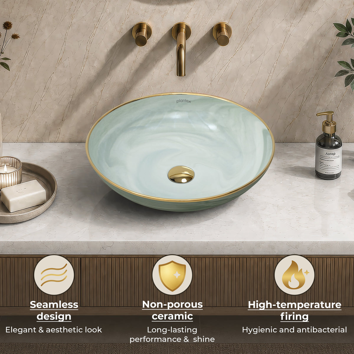 Plantex Wash Basin/Ceramic Table Top Wash Basin/Designer Countertop Basin for Bathroom/Restaurants/Hotel (Mint green & Gold - 16.5 x 16.5 x 4 Inch)-6