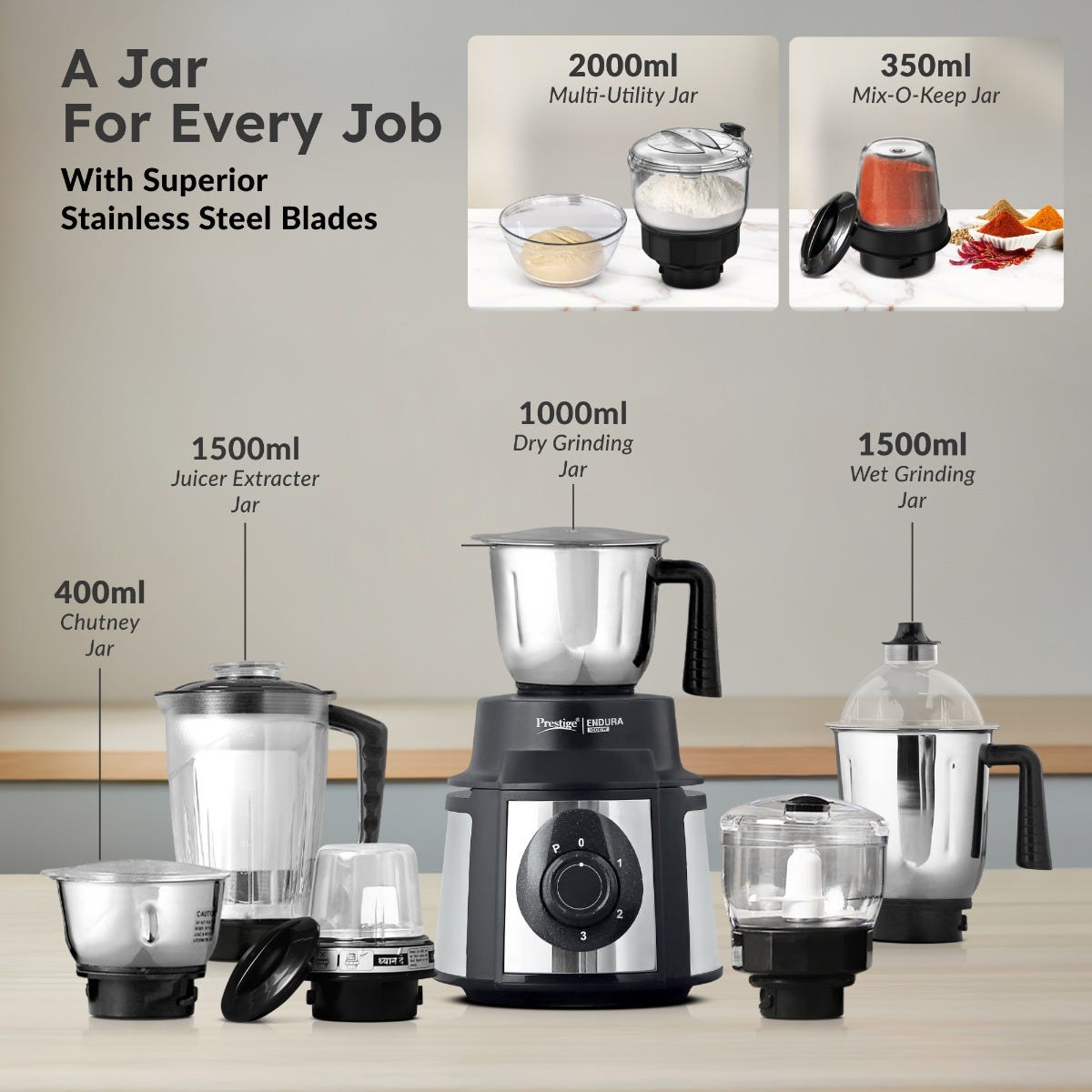 Prestige Endura 1000W 6 Jar Mixer Grinder: 3 SS Jars, Juicer, Mix-O-Keep, Multi-Utility Jar, Ball Bearing Motor, SS Blades, 5Y Motor Warranty + Prestige 1.5L PMC 3.0 Plus Multi Kettle / Multi Cooker