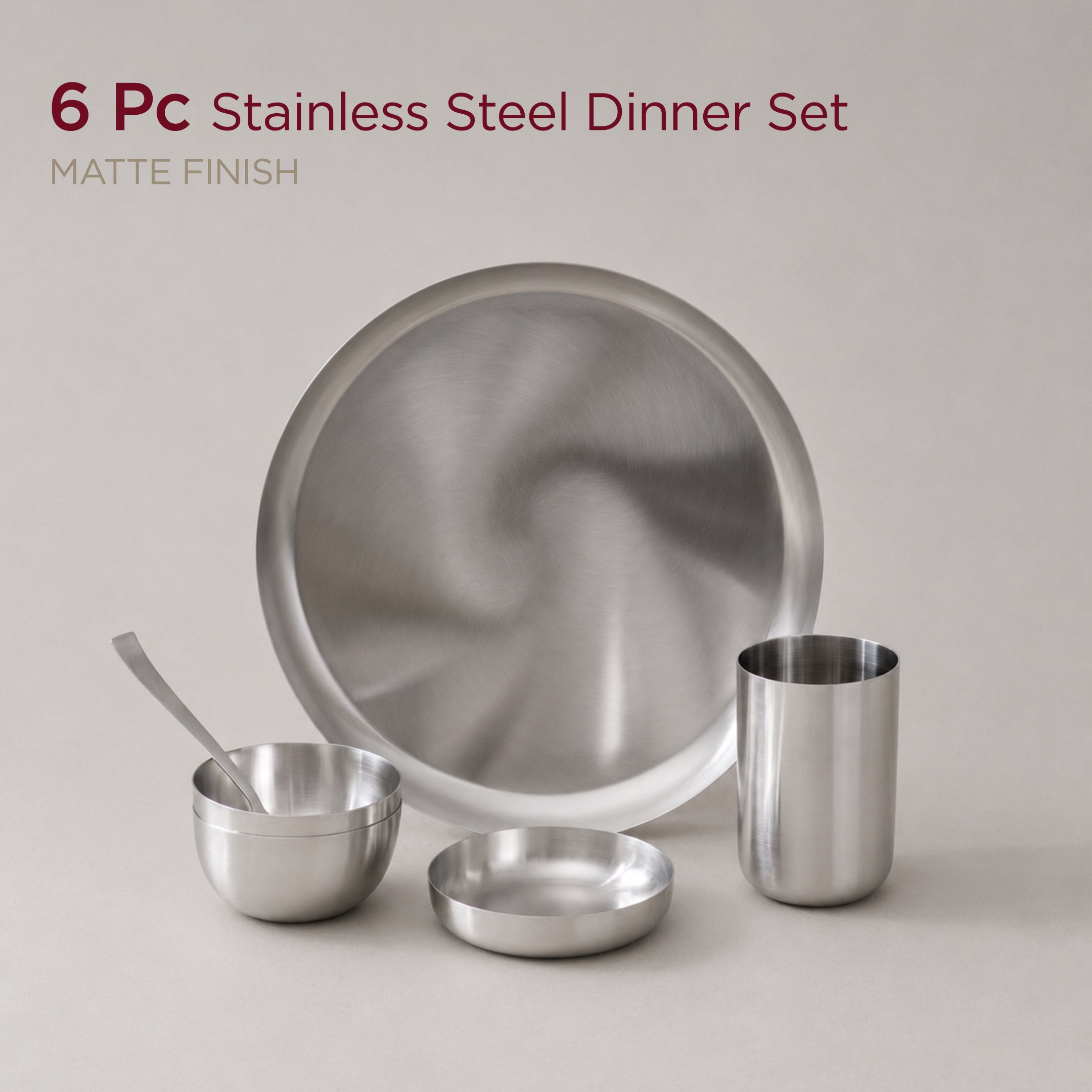 6-Piece Stainless Steel Solid Dinner Set • Matte Finish • Serves 1