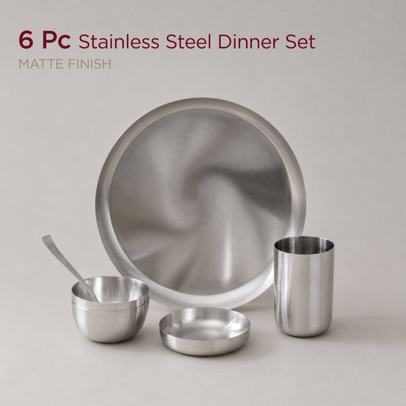 6-Piece Stainless Steel Solid Dinner Set • Matte Finish • Serves 1