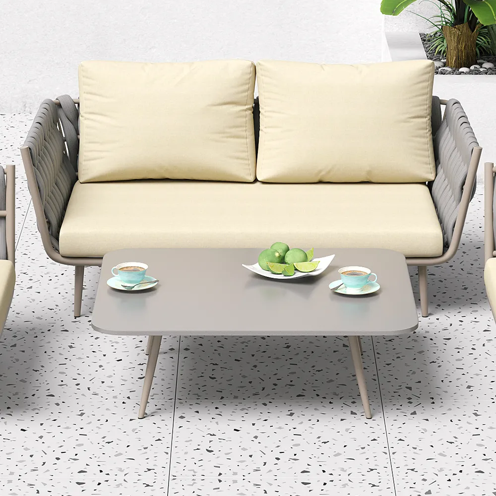 Bifrox Outdoor Garden Balcony Sofa Set 2 Seater, 2 Single seater and 1 Center Table  Set, Braid & Rope (Beige + Grey)