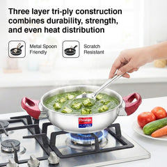 PRESTIGE SVACHH TRI-PLY HANDI PRESSURE COOKER 3 LITRE, Prestige Platina Popular Stainless Steel Unique Impact Forged Bottom Kadai with Toughened Glass Lid, 24cm (2.8 L) (Silver)