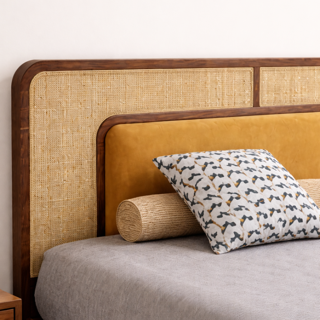 Mid-Century Wooden Bed with Cane & Upholstered Headboard