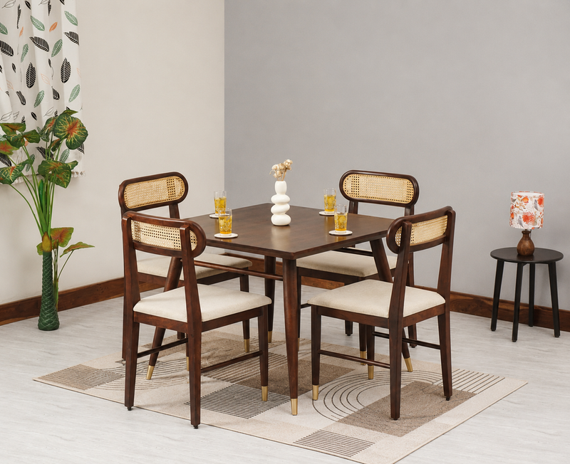 Ashton Solid Wood Rattan Cane Squre Dining Table 4 Seater 
