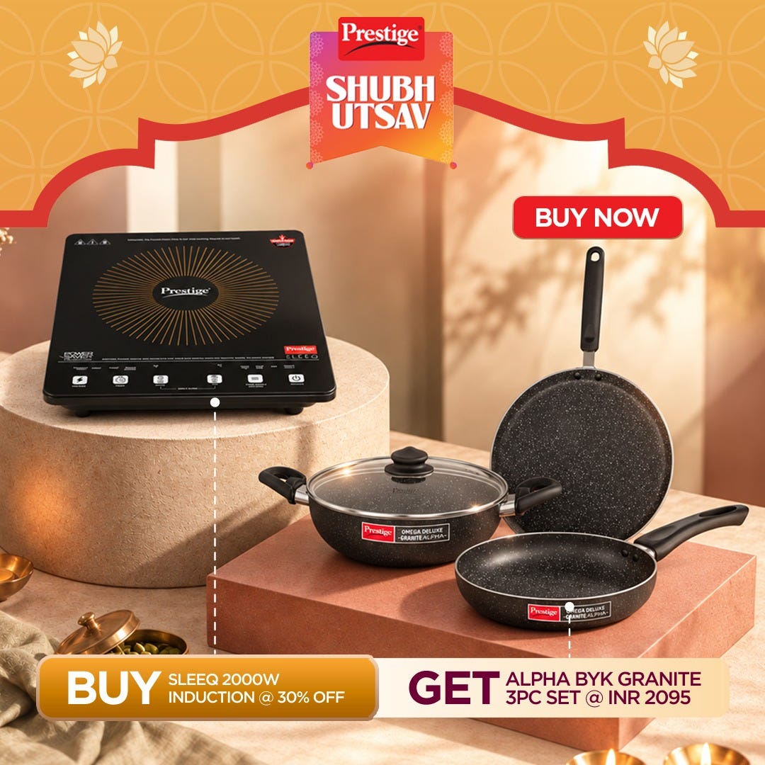 Prestige Sleeq 2300W Induction Cooktop, 4KV Surge Protection, 7 Indian Menus + Prestige Omega Deluxe Granite Alpha 3 Pc BYK Non-Stick Set: Kadai 24cm with Glass Lid, Omni Tawa 28cm, Fry Pan 24cm