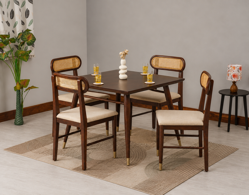 Ashton Solid Wood Rattan Cane Squre Dining Table Set -4 Seater 
