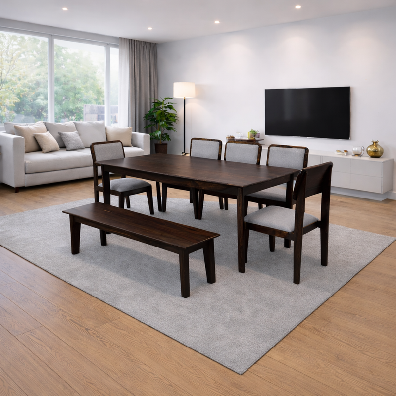 Urban Living Solid Sheesham Wood Eight Seater Dining Table Set With Bench-Walnut