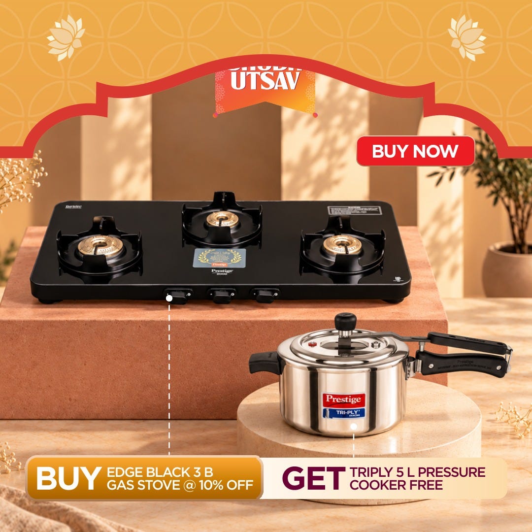 Prestige Edge PEBS 03L 3 Burner Manual Gas Stove, Black + Prestige 5 L Tri-Ply Svachh Inner Lid Pressure Cooker, Gas & Induction Compatible, Spillage Control, 5 Years Warranty, Silver