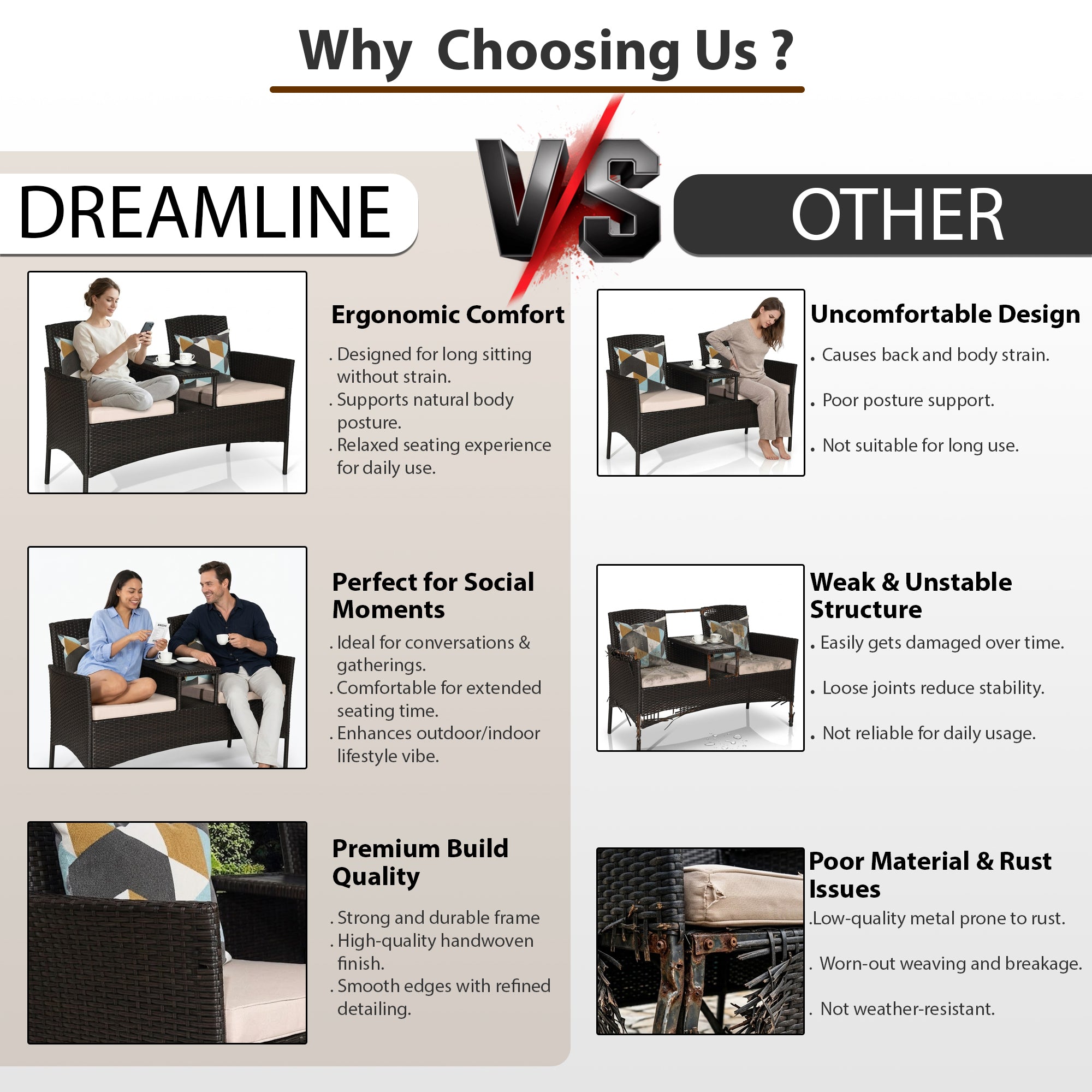 Dreamline Outdoor Furniture Garden Patio Seating Set of 2 Attached Chairs and Table Set Balcony Furniture Coffee Table Set(Black)