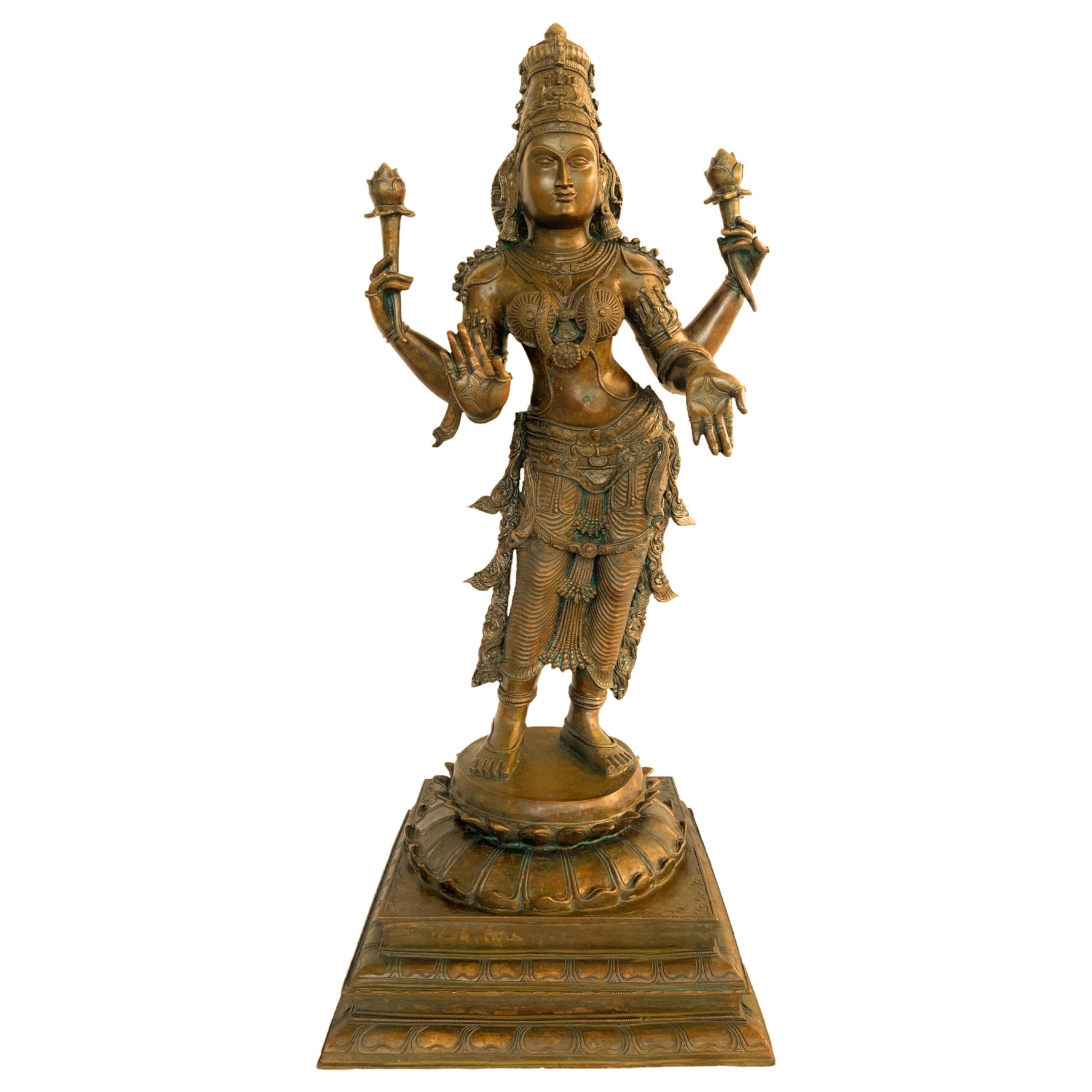 Handcrafted Gaja Lakshmi Bronze Idol | Panchaloha Maha Lakshmi Murti | Kamala Padma Devi | South Indian Traditional Laxmi Sculpture for Home & Temple,Gold, 38.5 Inch, 1 Piece