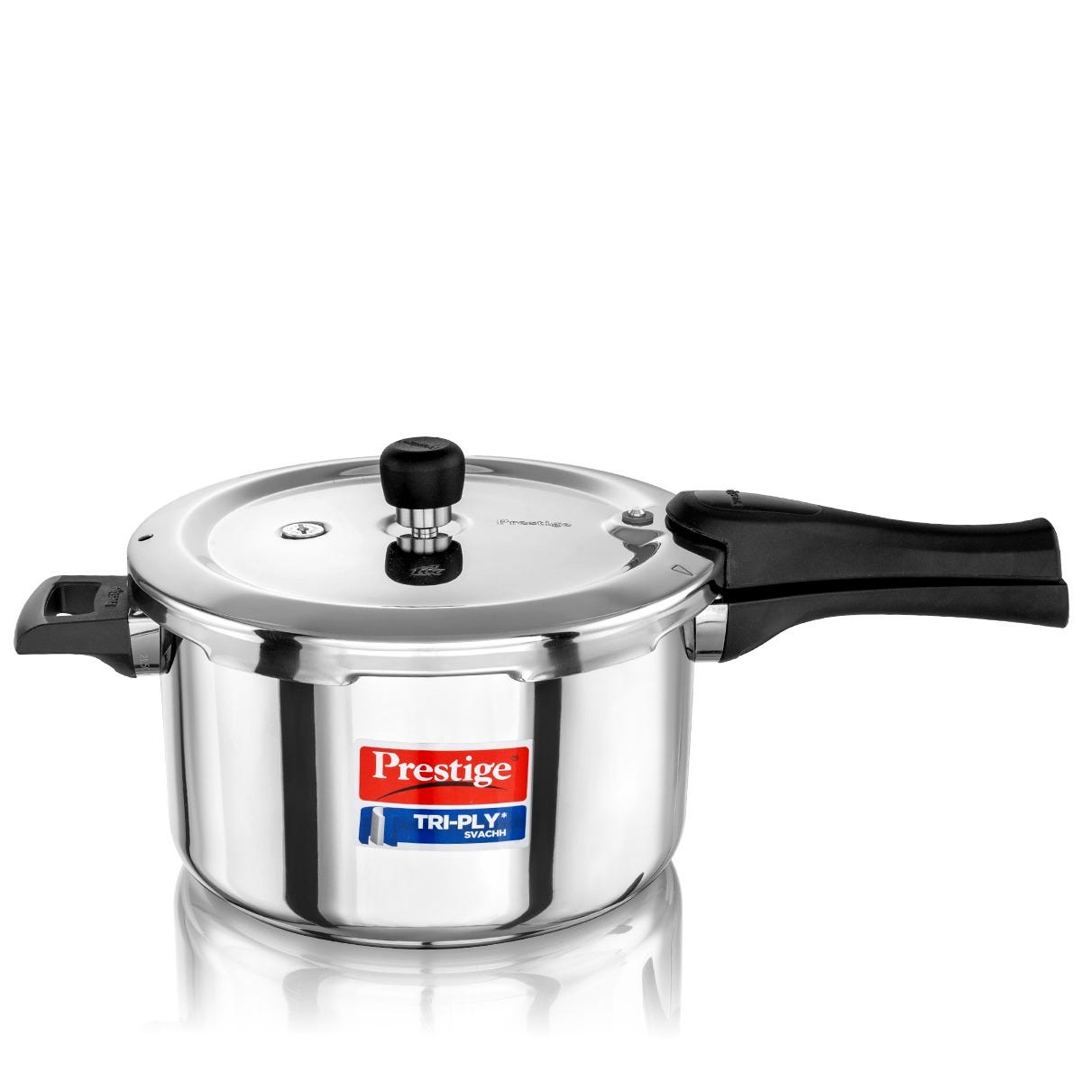 Prestige Edge PEBS 03L Manual Powder Coated with Aluminium Frame 3 Burners Gas Stove, Black, Prestige Svachh Triply Outer Lid Pressure Cooker with Unique Deep Lid for Spillage Control, 5 Litre, Silver