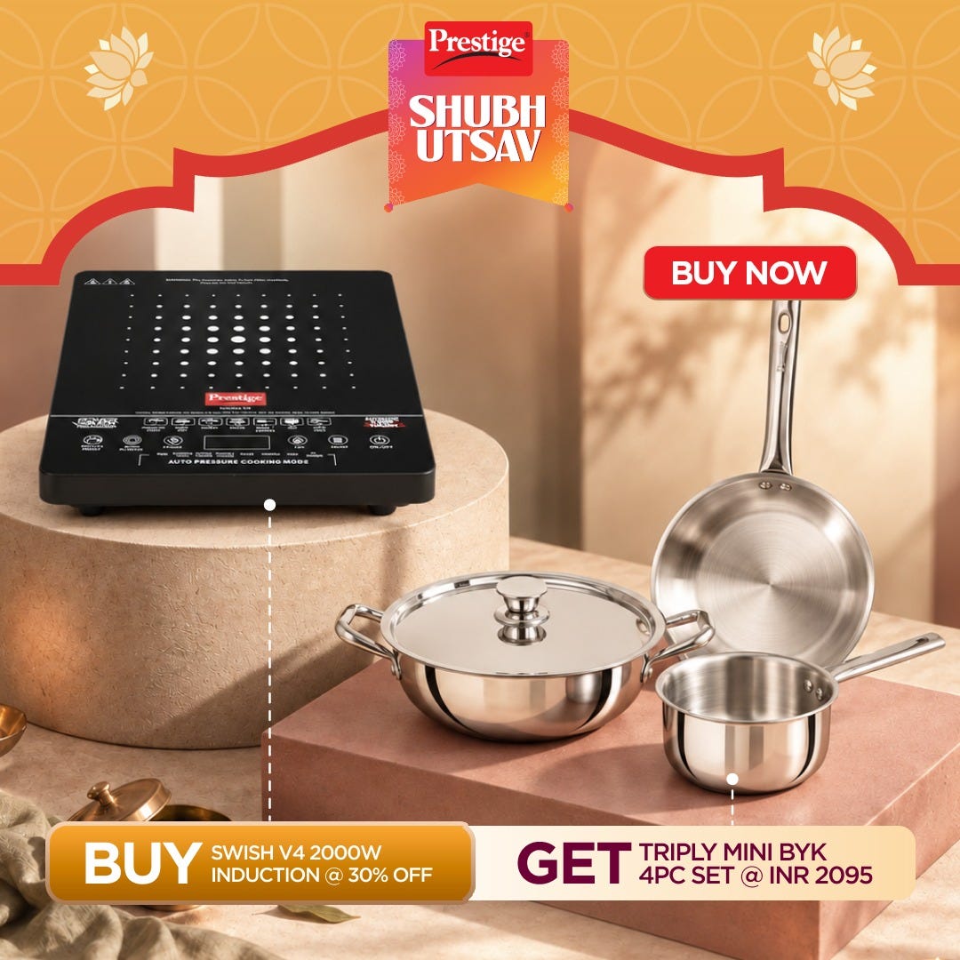 Prestige Swish Induction Cooktop V4 + Prestige TRIPLY Splendid 4 Pc Cookware Set: Fry Pan 22cm, Kadai 22cm, Saucepan 14cm, SS Lid 24cm, Gas & Induction Compatible, 15Y Warranty