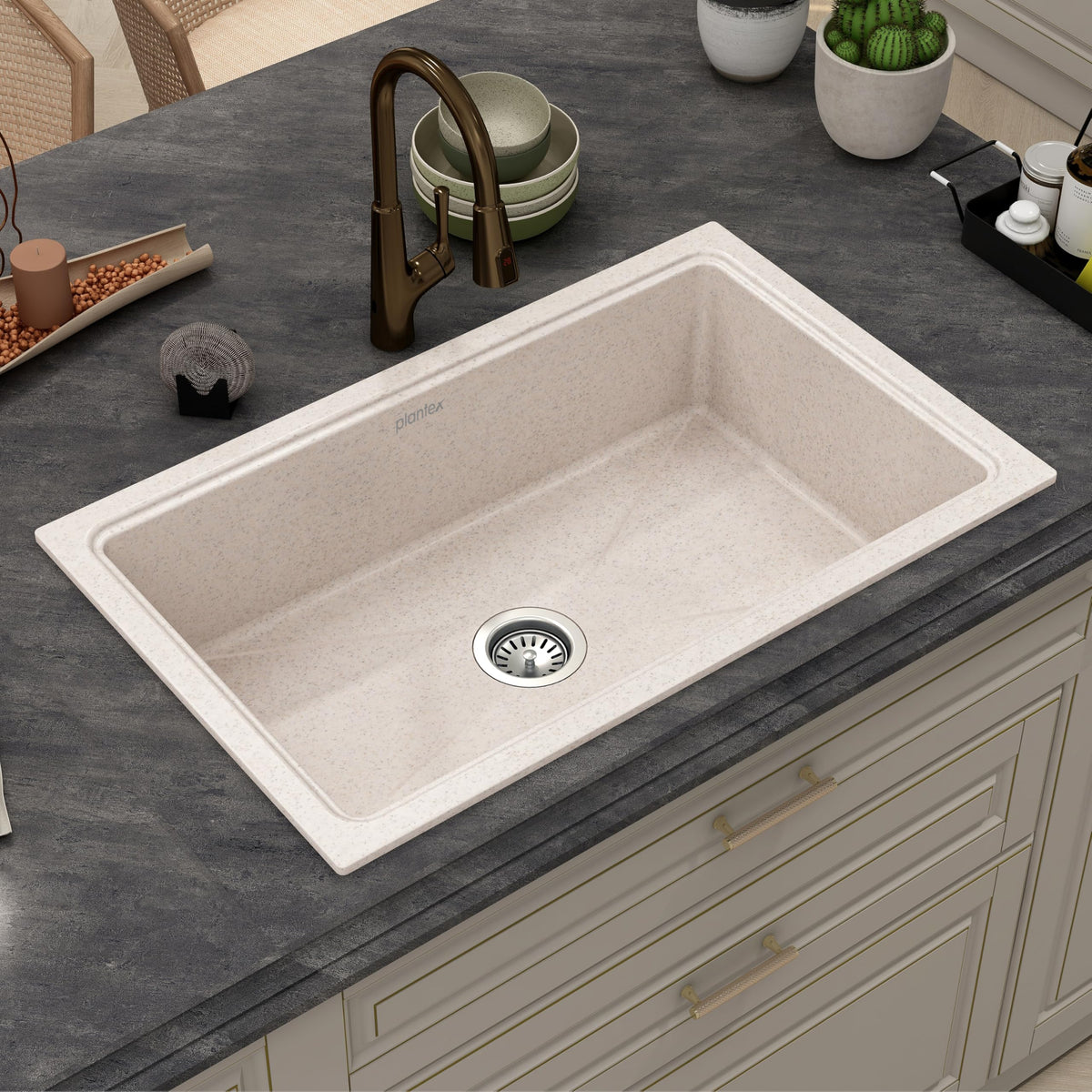 Plantex Quartz Acrylic Matt Kitchen Sink With 10 Years Warranty /Undermount Sink For Kitchen/Granite Single Bowl Kitchen Sinks With Coupling (Ultra Brun 32X20 Inches)-1