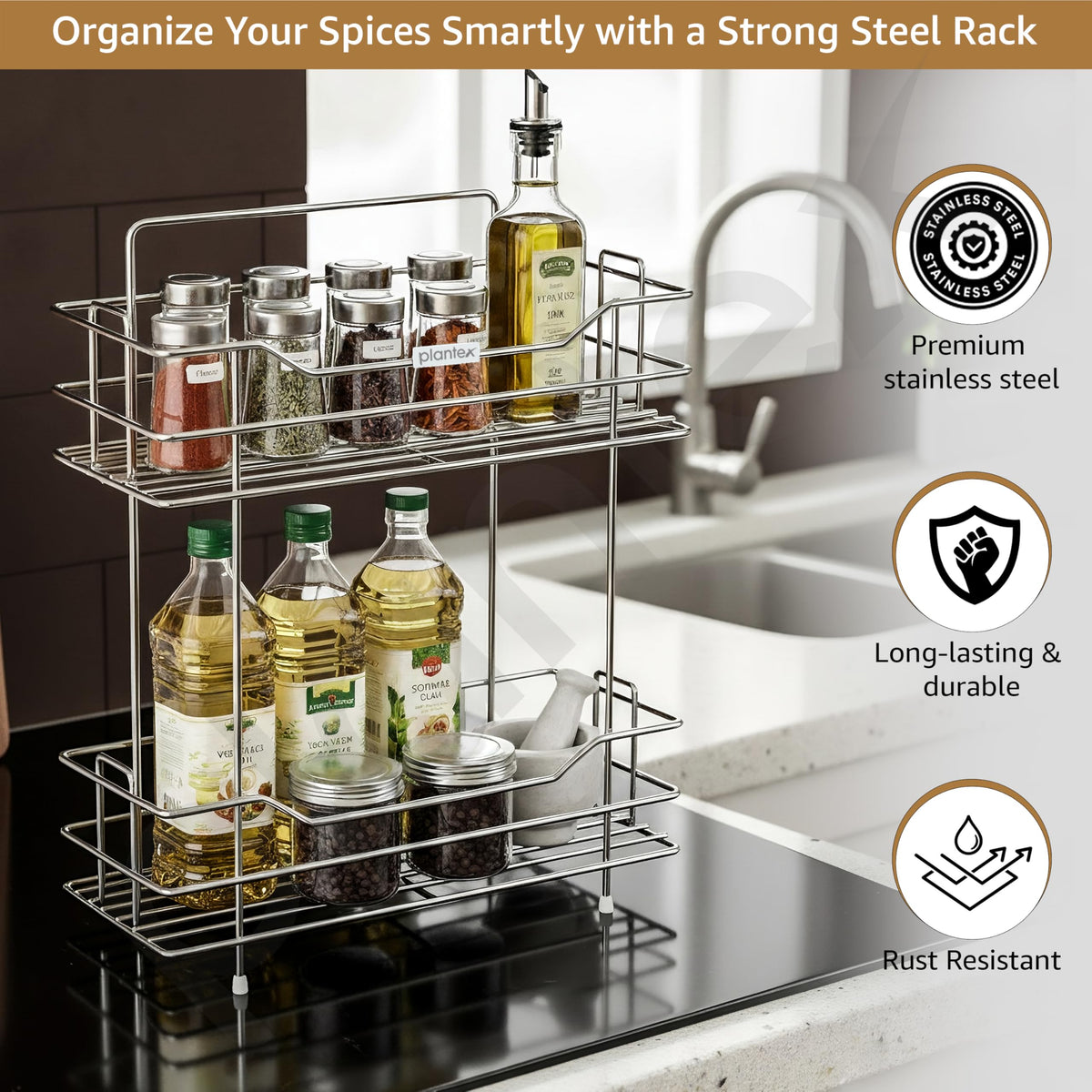 Plantex Wall Mounted Kitchen Organizer Rack/2 Tier Spice Rack for Kitchen/Hanging Shelves/Spice Organizer Storage Stand -(Chrome, 2 Tier)-4