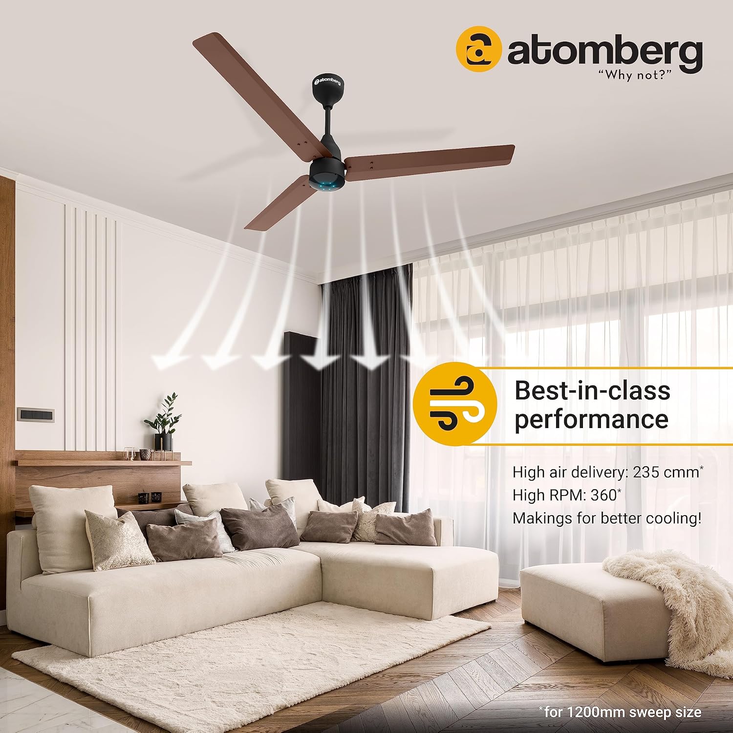 atomberg Renesa 1200mm BLDC Ceiling Fan with Remote Control | BEE 5 star Rated Energy Efficient Ceiling Fan | High Air Delivery with LED Indicators | 3 Year Warranty (Brown & Black)