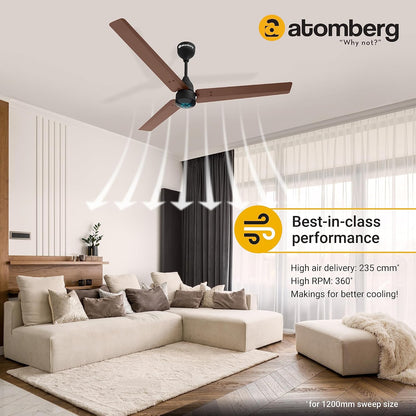 atomberg Renesa 1200mm BLDC Ceiling Fan with Remote Control | BEE 5 star Rated Energy Efficient Ceiling Fan | High Air Delivery with LED Indicators | 3 Year Warranty (Brown & Black)