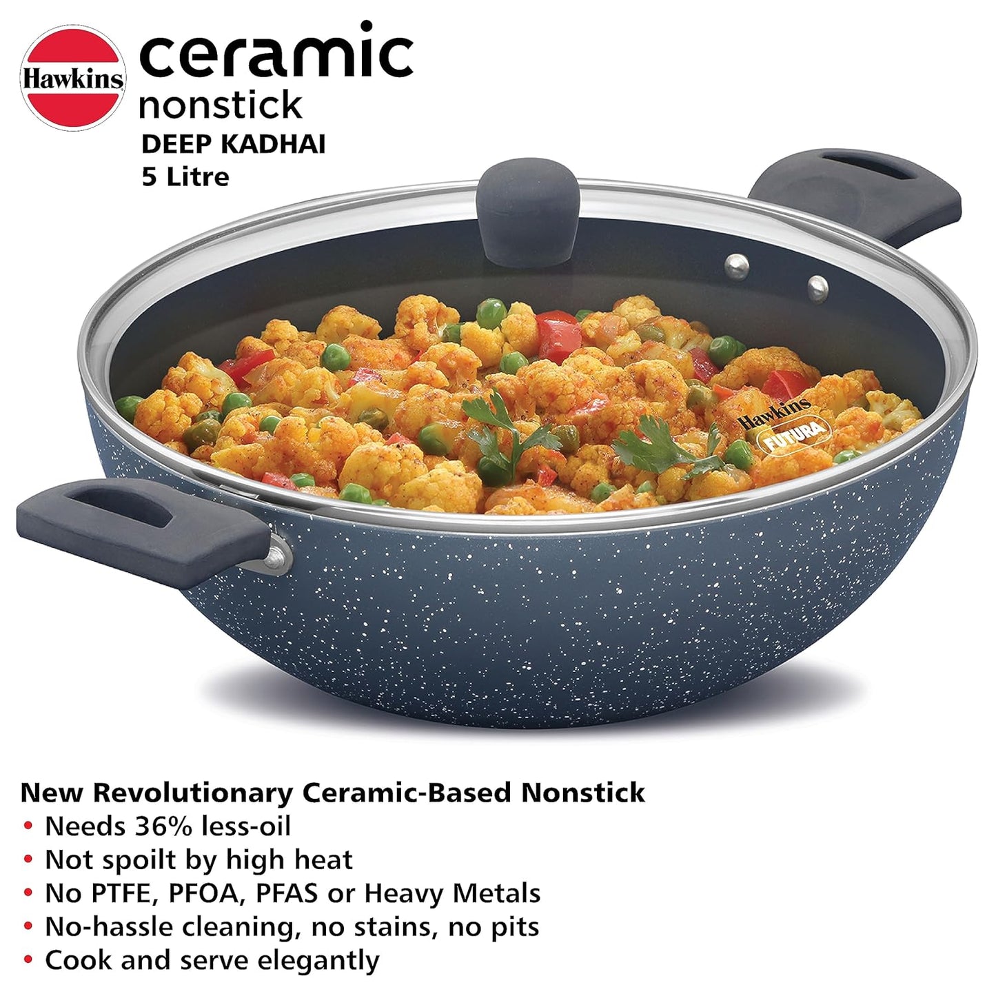 Hawkins Ceramic Nonstick 5 Litre Deep Kadhai, Induction Deep Fry Pan with Glass Lid, Granite Kadai (ICK50G)