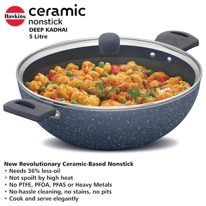 Hawkins Ceramic Nonstick 5 Litre Deep Kadhai, Induction Deep Fry Pan with Glass Lid, Granite Kadai (ICK50G)