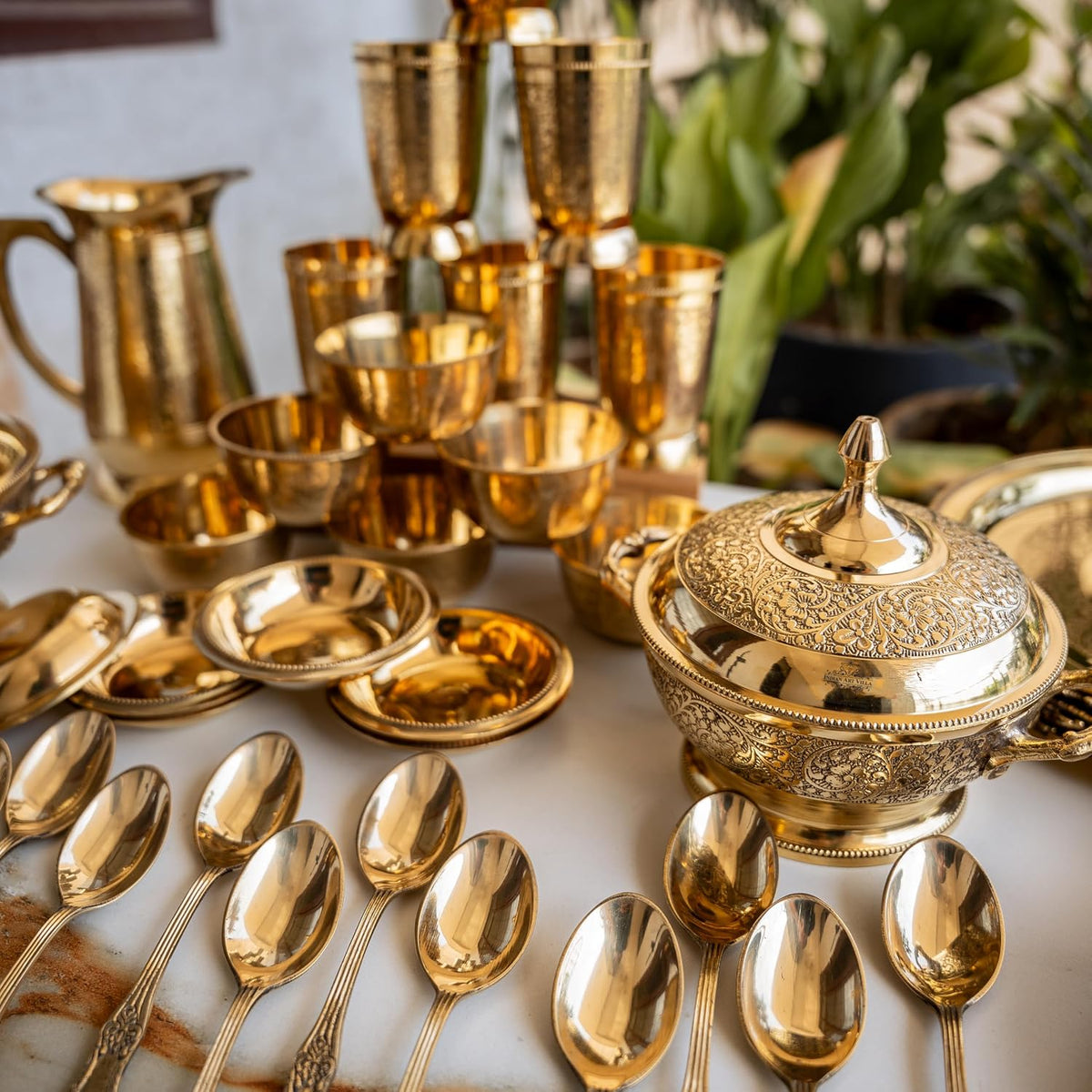 Brass Embossed Design Dinner Set Of 51 pieces
